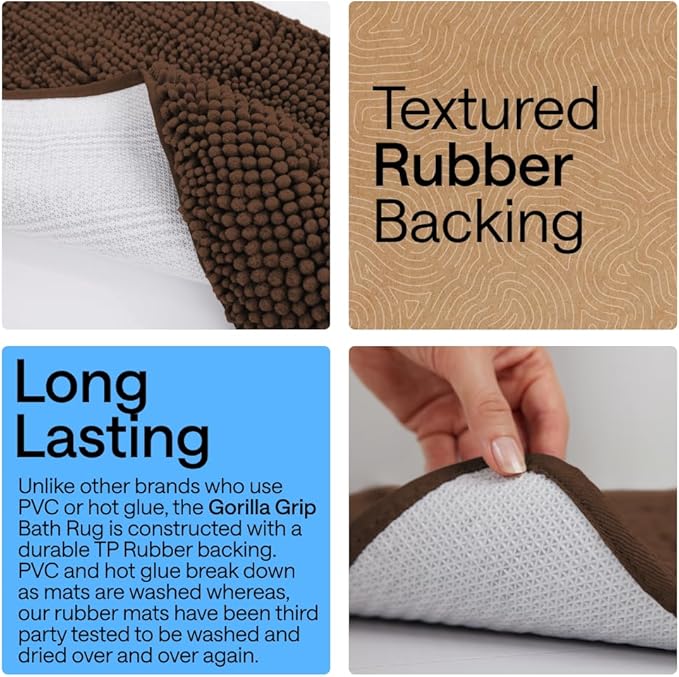 GORILLA GRIP Bath Rug Mat 44x26, Thick Soft Absorbent Chenille, Quick Dry Microfiber Mats, Rubber Backing Washable Shower Floor Rugs, Bathmat Runner, US Designed Bathroom Home Decor Accessories Brown