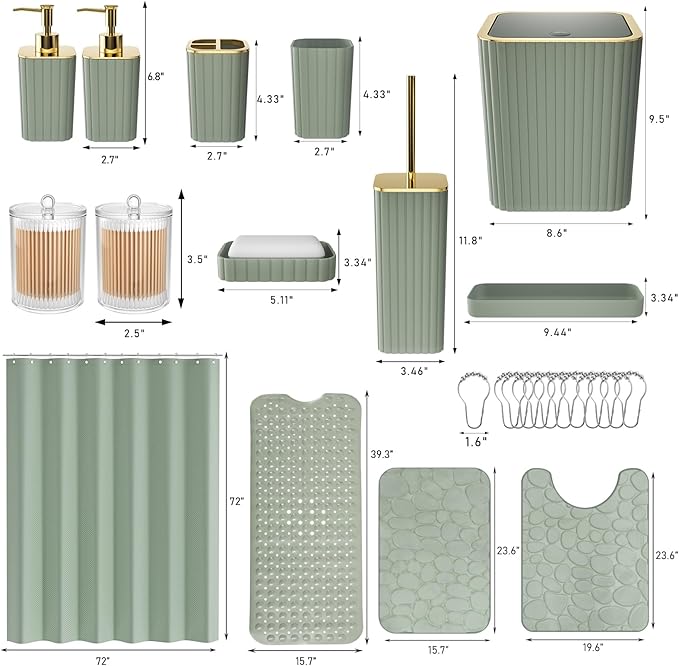 XLHOMO 26PC Bathroom Accessories Set - Gorgeous Sage Green Bathroom Set, Bathroom Accessory Set, Shower Curtain Set with Bathtub Mats for Shower Tub, Trash Can & Soap Dispenser