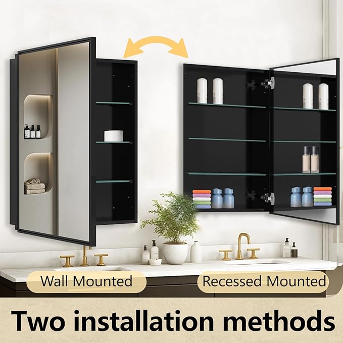 Bathroom Medicine Cabinet with Mirror, Recess or Surface Mount, Single Door Cabinet Famerhouse Bathroom Mirror with Storage Cabinet (Brush Black, 16"x26")