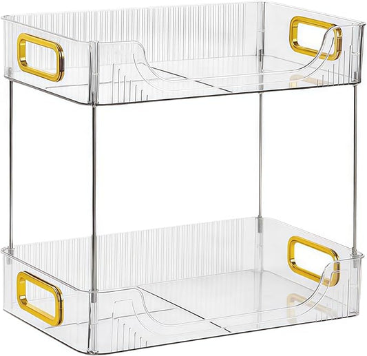 Double Layer Bathroom Shelf Organizer with Clear Plastic Tray, Removable Storage Rack, Gold Handles for Skincare and Toiletries