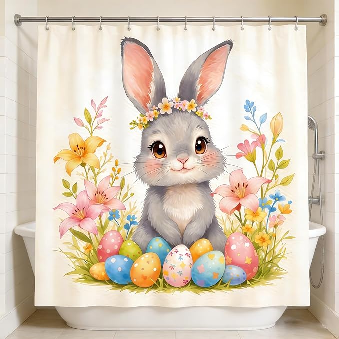 Dreamrflove Easter Bunny Shower Curtain Easter Shower Curtain Set Spring Floral Cute Rabbit Bathroom Shower Curtain Polyester Insulated Home Decor 72x72 InchHolidayDecoration