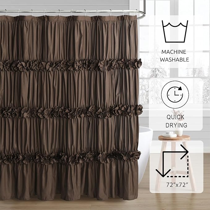 Chocolate Ruffle Shower Curtain, Vintage Handcrafted Bow Tie Bath Curtain for Master Bathroom, Ruched Microfiber Bathroom Curtain with 12 Buttonholes, 72" W x 72" H (LQ-10)