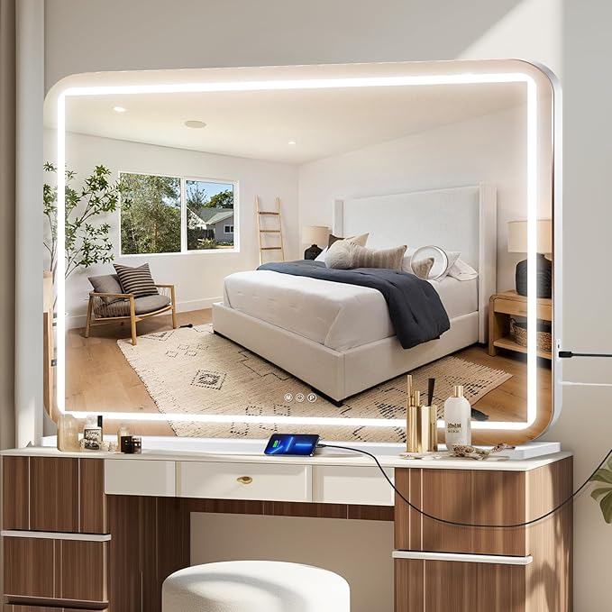 Ratsamee 48" x 30" Vanity Mirror with Lights, Led Makeup Mirror, Lighted Makeup Mirror with 3 Color Dimmable Lights, Smart Touch Screen Control, Aluminum Metal Frame,USB Charging Port