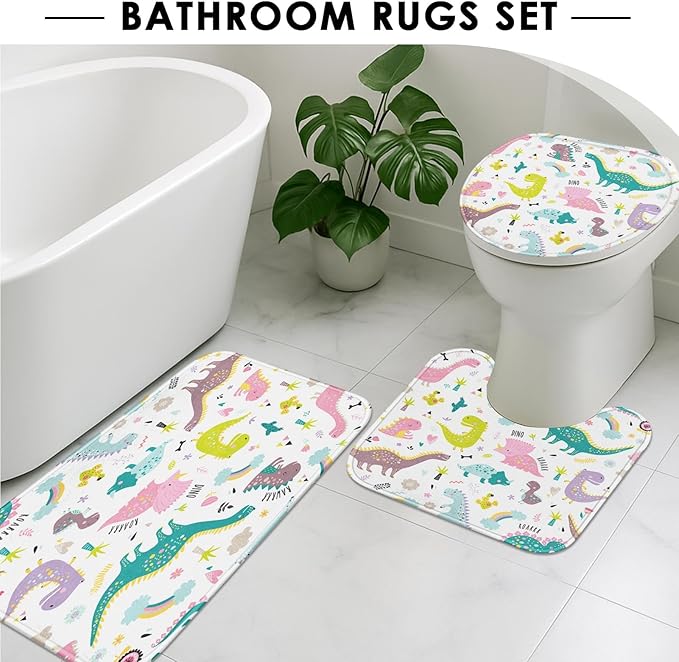 Arttown Dragon Dinosaurs Bathroom Set with Shower Curtain and Rugs and Accessories, Colorful Rainbow Pink, Cute Funny Kids Shower Curtains for Bathroom Decor 4 Pcs