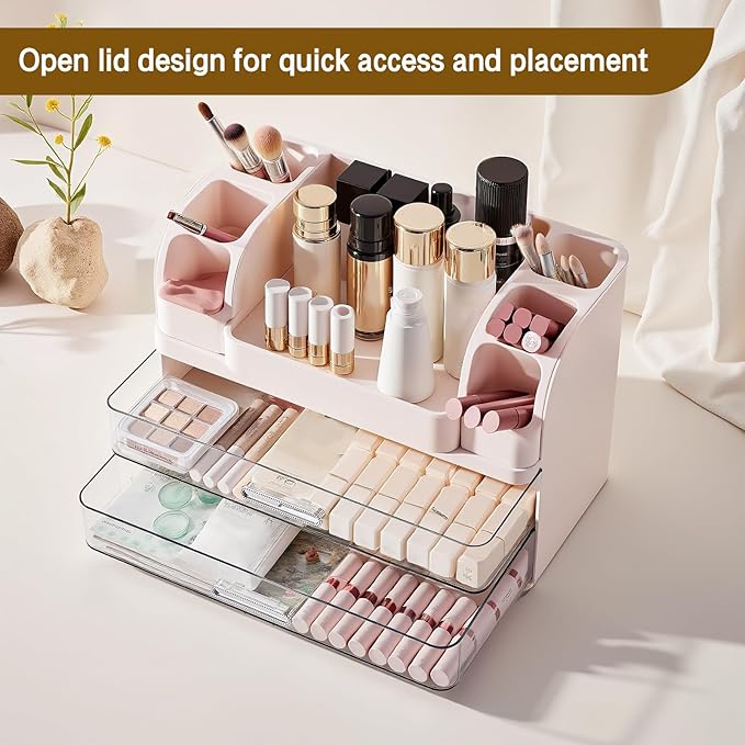 Makeup Organizer for Vanity Countertop with 2 Large Drawers, Spacious Display Cabinet, Partitioned Top Compartment 6 Brush Holders - Pink Beauty Storage Solution