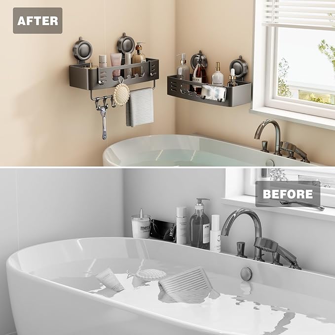 Voldra Shower Caddy Suction Cup, Shower Shelves for Inside Shower No Drilling, Aluminum Suction Showers Organizer for Wall with Towel Bar & Hooks Removable Bathroom Storage Rack(1 Pack-Gray)