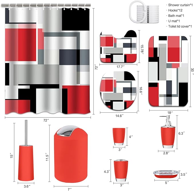 Lnond Red Bathroom Set, 23-Piece Red Black Geometric Bathroom Decor Set with with Shower Curtain and Rugs, Trash Can, Toilet Brush Holder Set & Soap Dispenser
