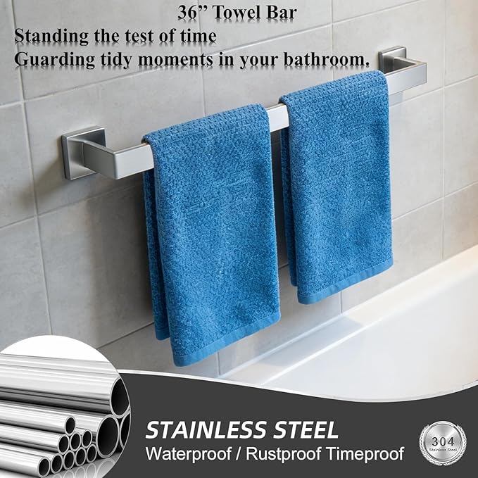 2 Packs 36 Inch Bathroom Towel Bar SUS304 Stainless Steel Brushed Nickel Towel Holder Wall Mounted Heavy Duty Towel Rack Bathroom Towel Rod Modern Square Base Design(2, Brushed Nickel, 36 Inch)
