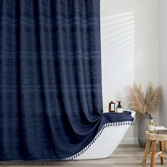 OVZME Extra Long Navy Blue Shower Curtain 96 Inch Long, Boho Linen Textured Soft Fabric Heavy Duty Cloth Bathroom Shower Curtain with Tassel, Tall Farmhouse Luxury Bath Decor, 72Wx96L Inches