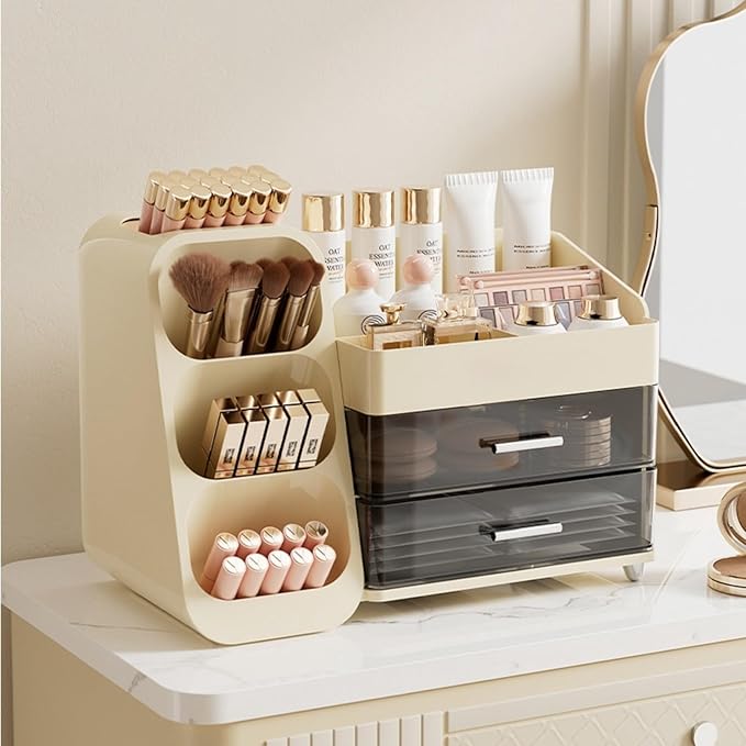 Makeup Organizer for Vanity, Large Capacity Cosmetic Display Case with Clear Acrylic Drawer, Countertop Beauty Storage Holder for Skincare, Brush Eyeshadow Lipstick Counter Desk, Crystal Cream