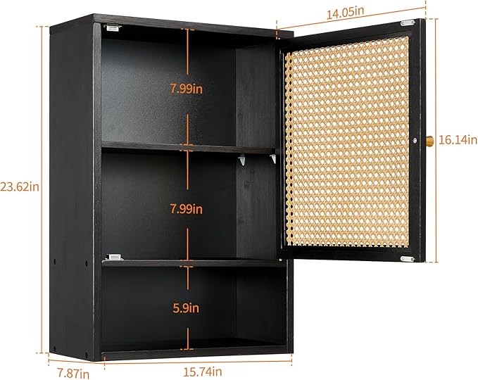 Bathroom Wall Cabinet, Bamboo Medicine Cabinet with Rattan Doors, Adjustable Shelf, Wall Mounted Storage Cabinet for Bathroom, Kitchen, Laundry Room Black