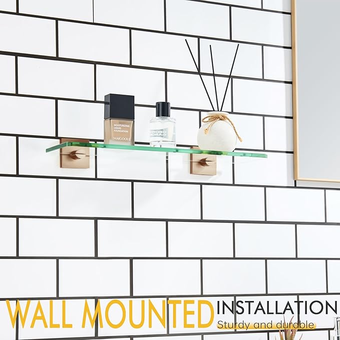 KOKOSIRI Glass Shelf for Bathroom Hardware 16-Inch Floating Wall Shelves for Shower Storage Kitchen Rack, Champagne Bronze Stainless Steel B1107CPG-L16