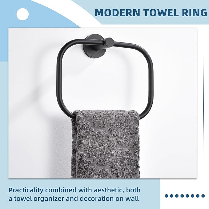 APLusee Matte Black Hand Towel Ring, Stainless Steel Towel Storage Holder, Wall Mount