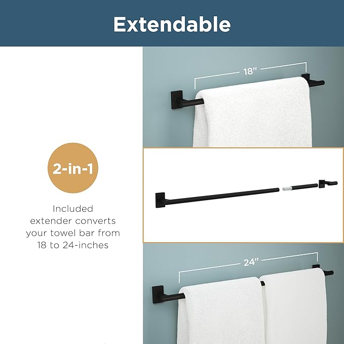 Franklin Brass Hartwell (1-Pack) 18'' Towel Rack w/ 6" Extender for Bathroom Satin Gold Towel Bar for Bathroom Wall Mounted Towel Holder Rod HRT26-SG