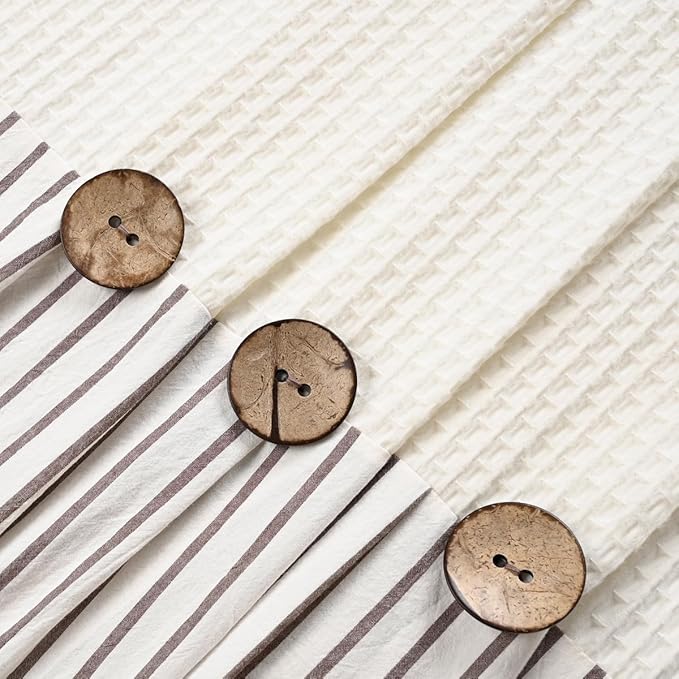 DOSLY Ides Farmhouse Shower Curtain, Beige and Brown Striped, Button Curtain, Spa Waffle and Cotton Woven Fabric, Rustic Charm Country Chic Style, 72x72 in
