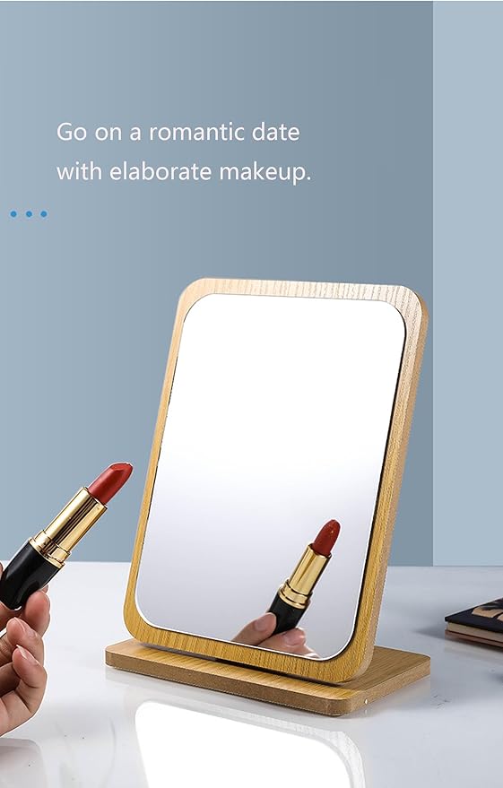1 PC Rectangular Compact Table Mirror Vertical Wood Frame Mirror Table Mirror 90 Degree Rotation Makeup Mirror Back Stand Makeup Mirror (Vertical)