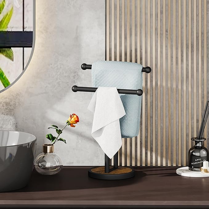 YINMIT Hand Towel Stand with Heavy Wood Base, Free Standing Towel Rack Double T-Shape Hand Towel Holder for Bathroom, Countertop Towel Holder for Bathroom, Kitchen, Countertop Vanity