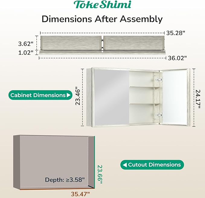TokeShimi 36 x 24 Nickel Recessed Medicine Cabinet, Assembly Required, Bathroom Mirror Medicine Cabinet, Lightweight Aluminum Frame， Stepless Adjustable Shelves, Tempered Glass