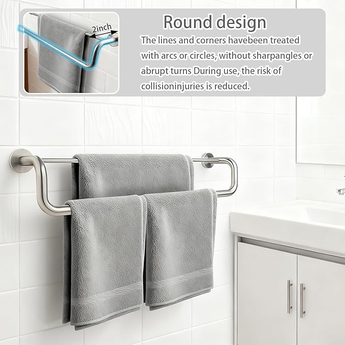Double Towel Bar,Towel Rack for Bathroom,24 Inch Brushed Steel Towel Holder, Bath Towel Rack for Bathroom Wall Mounted,SUS304 Brushed Stainless Steel,Silver