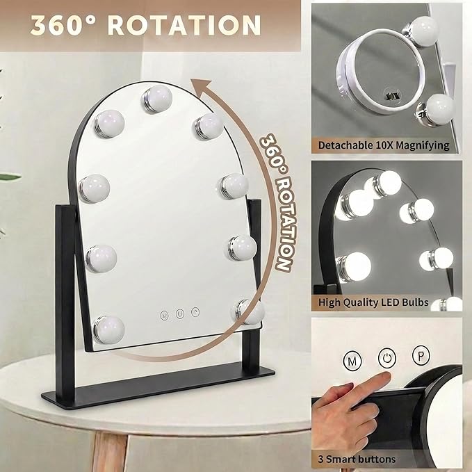 Arched Makeup Vanity Mirror with Lights LED Makeup Mirror Detachable 10X Magnification, Hollywood Make Up Mirror with Lighting, Smart Touch, Rechargeable,360° Rotation,Black 14.17"x 11.81"