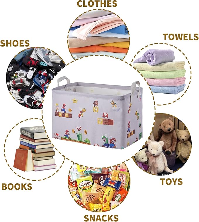 Super Storage Basket for Kids,Collapsible Baby Laundry Large Hamper,Waterproof Nursery Bedroom Decor,Brothers Dirty Clothes Basket ,Boys and Girls Birthday Gift Bag Toy Bin(Grey,Rectangular)