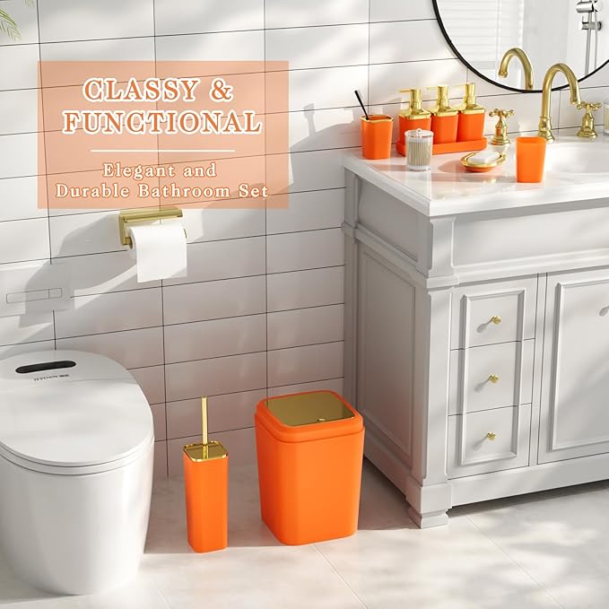 Bathroom Set — Orange Bathroom Accessories Set, 11PC Bathroom Accessory Set, Orange Bathroom Set with Push-lid Trash Can, 3PC Soap Dispensers, Toilet Brush & Qtip Holders