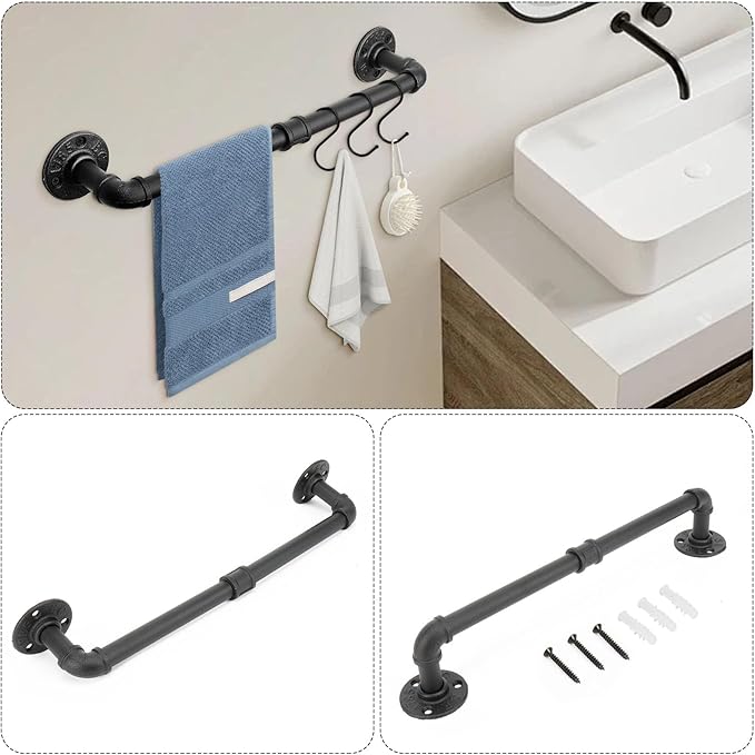 5-Pieces Industrial Pipe Bathroom Accessories Hardware Kit DIY Wall Mounted Includes Towel Bar Robe Hooks Toilet Paper Holder and Towel Ring (Black, 18 Inch)