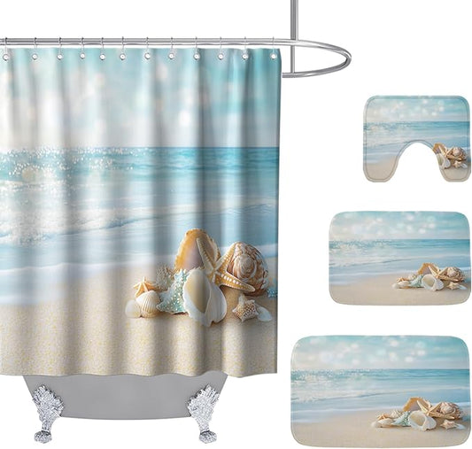Beach Modern Ocean Coastal Bathroom Sets with Starfish Funky Shower Curtain and 20 x 31 Rugs Bathroom Accessories Sets Decor with Bath Rug, Bath Mat, U-Shaped Contour and Hooks 72 x 72 Inch