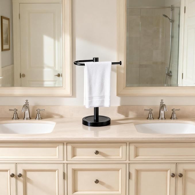 Heavy Duty Towel Holder Stand, Stainless Steel Hand Towel Holder Rack for Bathroom Countertop, Weighted Base C-Shape Free Standing Towel Bar for Bathroom Kitchen Countertop, Matte Black