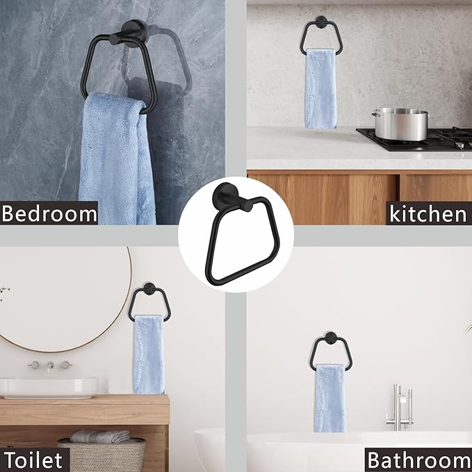 Bath Towel Ring, Bathroom Hardware Towel Holder, Matte Black Towel Ring for Bathroom, Modern Trapezoid Wall Mounted Towel Hanger, 304 Stainless Steel (Black)