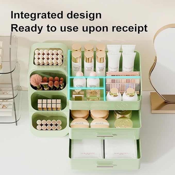 Booklov Makeup Organizer for Vanity, Large Capacity Cosmetic Display Case with Drawers, Countertop Beauty Storage Holder for Skincare, Brush Eyeliner Perfume Eyeshadow Lipsticks, Counter Desk, Green