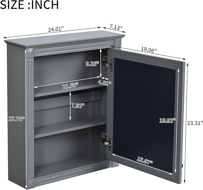 Merax Bathroom Medicine Cabinet with Mirror Door & Adjustable Shelves, 24" x 28" Wall Mounted Storage Cabinet with Mirror, Over The Toilet Wall Cabinet