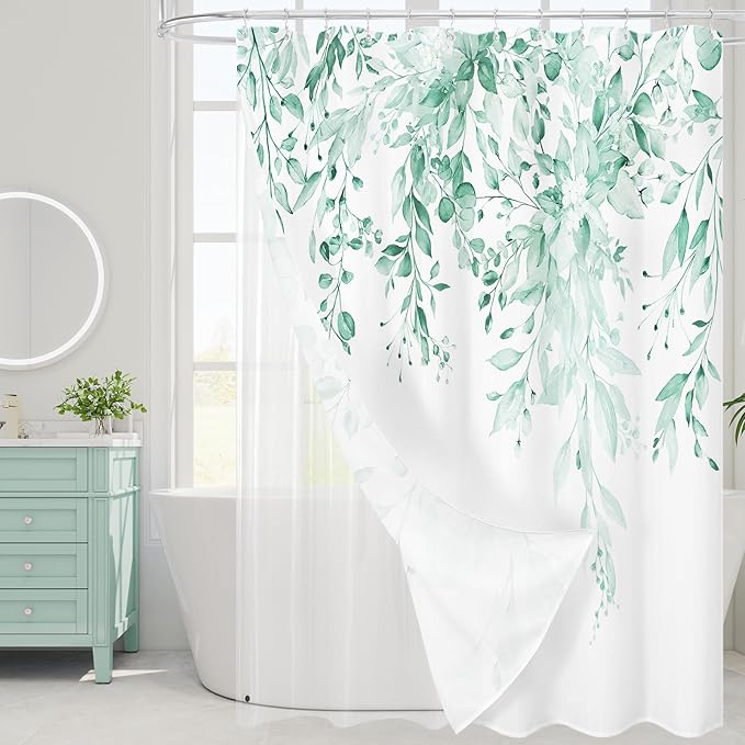 Gibelle 3 in 1 Shower Curtain Set, 72x72 MintGreen Eucalyptus Bath Curtain and PEVA Liner Set with 12 Metal Hooks, Waterproof Fabric Bathroom Curtain