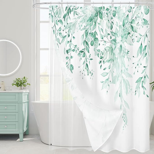 Gibelle 3 in 1 Shower Curtain Set, 72x72 MintGreen Eucalyptus Bath Curtain and PEVA Liner Set with 12 Metal Hooks, Waterproof Fabric Bathroom Curtain