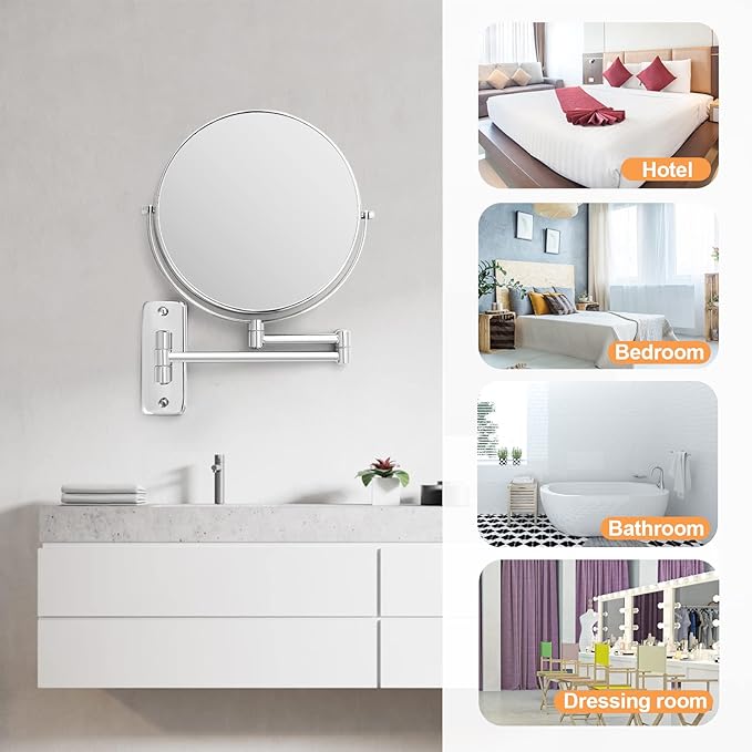 8” Wall Mounted Makeup Mirror - 1X/10X Double Sided Magnifying Bathroom Mirror, 360° Swivel Extendable Vanity Shaving Mirror with Adjustable Arm for Bathroom, Chrome（No Light）
