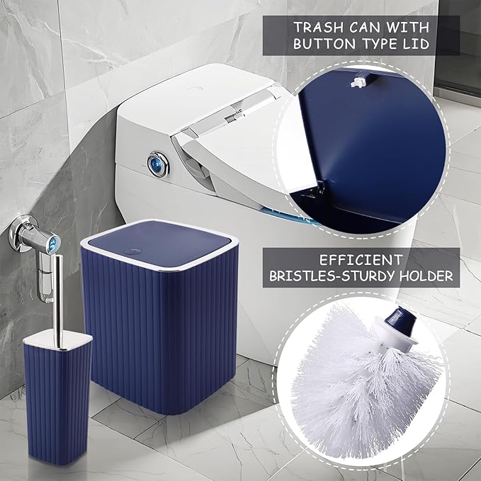 XLHOMO Bathroom Set with Shower Curtain and Rugs- 25PC Bathroom Accessory Set, Navy Blue Shower Curtain Set, Toilet Brush, Trash Can, Qtip Holder & Soap Dispenser