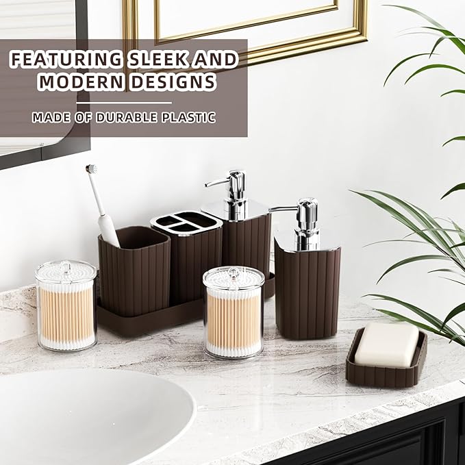 XLHOMO Bathroom Accessories Set - Gorgeous Bathroom Set, 10PC Brown Bathroom Accessories, Bathroom Accessory Set, Toilet Brush, Trash Can, Qtip Holder Dispenser & Soap Dispenser