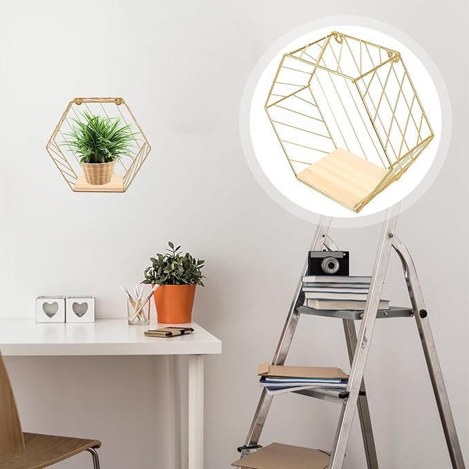 BESPORTBLE Wall-Mounted Iron Storage Shelf, Kitchen Wall Rack with Gold Hexagon Design, No-Drill Decorative Floating Shelf for Bathroom and Home Organization