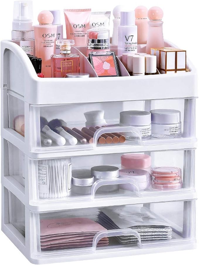 Simbuy Makeup Organizer With Drawers —Bundle Countertop Organizer for Cosmetics, Vanity Holder for Lipstick, Brushes, Lotions, Eyeshadow, Nail Polish and Jewelry