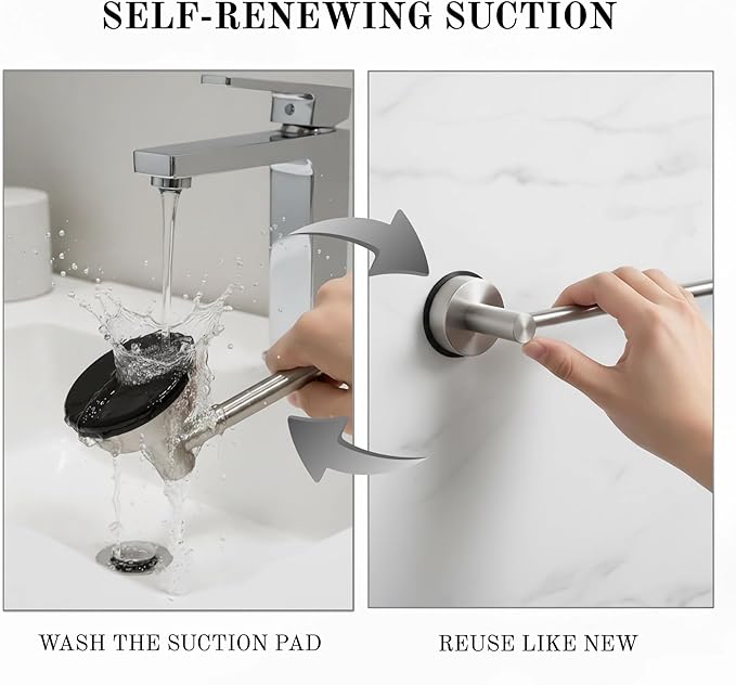 Suction Cup Towel Bar 17-28 Inch Adjustable Retractable Stainless Steel Towel Rack for Bathroom, RV & Renters - No Drill Heavy Duty Wall Mounted Holder, Removable for Glass & Tile (1, Silver)