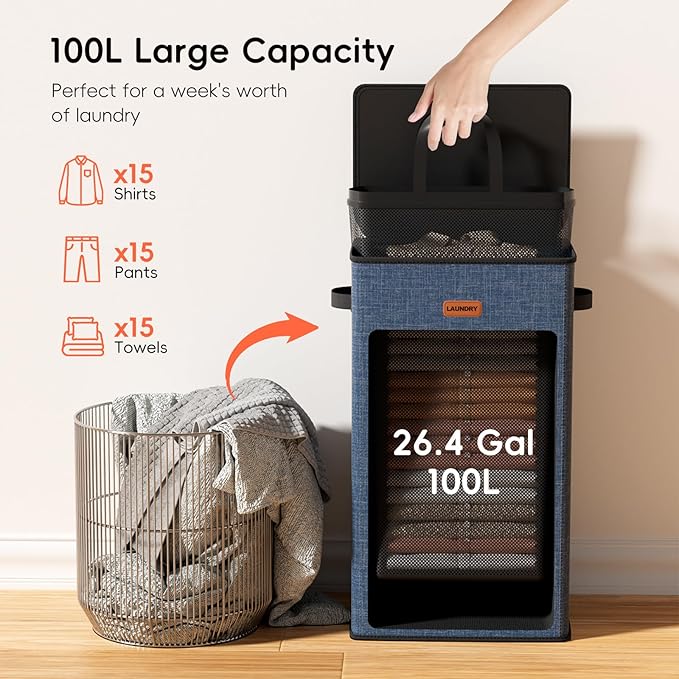 100L Laundry Hamper with Lid, Large Clothes Hampers with Removable Bag, Collapsible Laundry Basket for Bathroom, Bedroom, Laundry Room, Dorm, Navy Blue