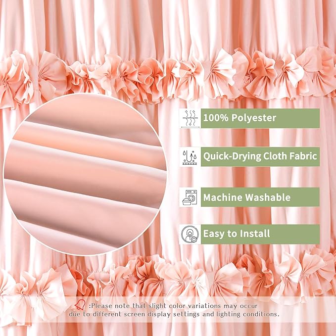 Peach Ruffle Shower Curtain, Vintage Handcrafted Bow Tie Bath Curtain for Master Bathroom, Ruched Microfiber Bathroom Curtain with 12 Buttonholes, 72" W x 72" H (LQ-10)