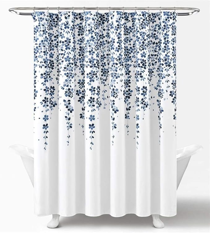 Lush Decor Weeping Flower Shower Curtain 72"W x 72"L White & Navy - Fabric Shower Curtains for Bathroom - Floral Bathroom Curtain - Cottage Core Decor