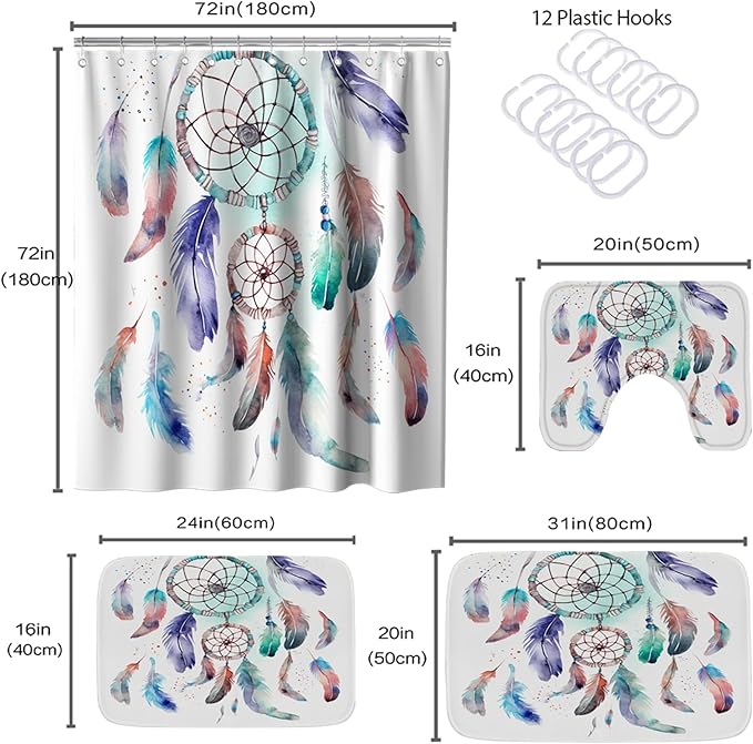 Boho Dreamcathcer Tribal Dream Catcher Bathroom Sets with Shower Curtain 72Wx72H and Rugs and Accessories Decor with Bath Mat, U-Shaped Contour Velvet Washable 20 x 31 inches Blue and Purple