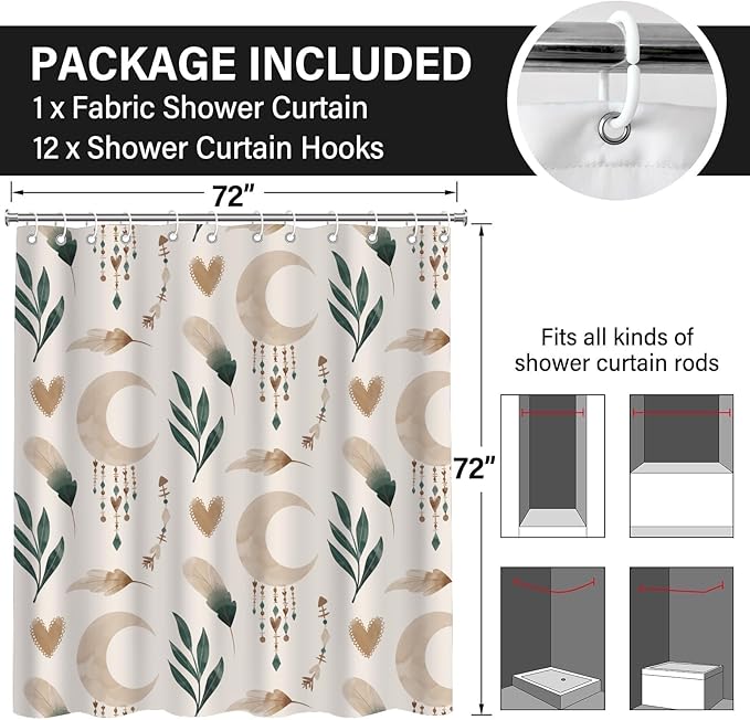 Bohemian Shower Curtains 72x72 Inch,Aesthetic Modern Boho Bathroom Curtain with Leaves and Moon, Neutral Waterproof Polyester Fabric Bath Curtain for Home Bathroom Decor