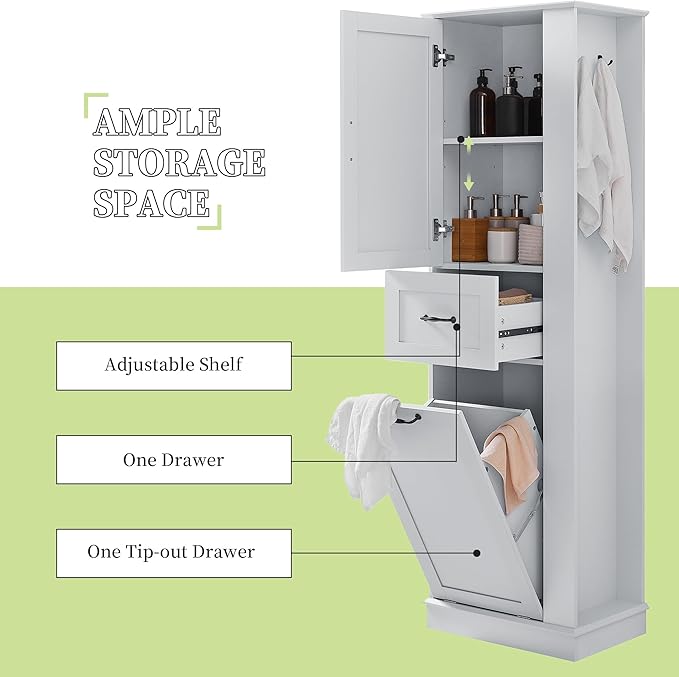 Virubi Tall Laundry Cabinet with Tilt Out Hamper, Wood Bathroom Storage Cabinet with Door, Drawer and Adjustable Shelves Freestanding, Grey