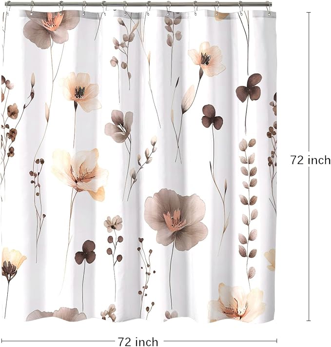 Brown Beige Floral Shower Curtain, Watercolor Flower Shower Curtains for Bathroom, Modern Minimalist Waterproof Fabric Bath Decoration 72x72 Inch