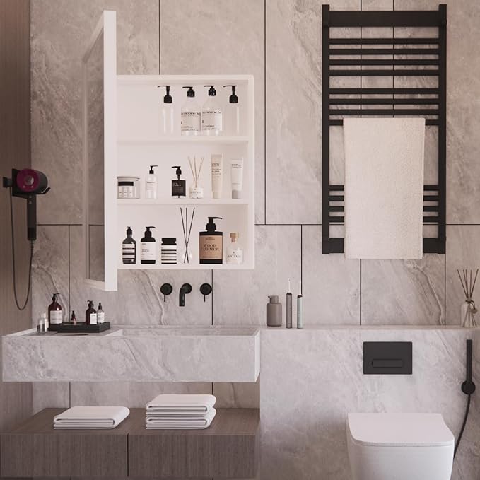 H & A Medicine Cabinet Bathroom Mirror, 28''x22'' Farmhouse Wood Frame Bathroom Medicine Cabinet with Mirror, Vanity Mirrors Recess or Surface Mounted Installation (White-28x22'')