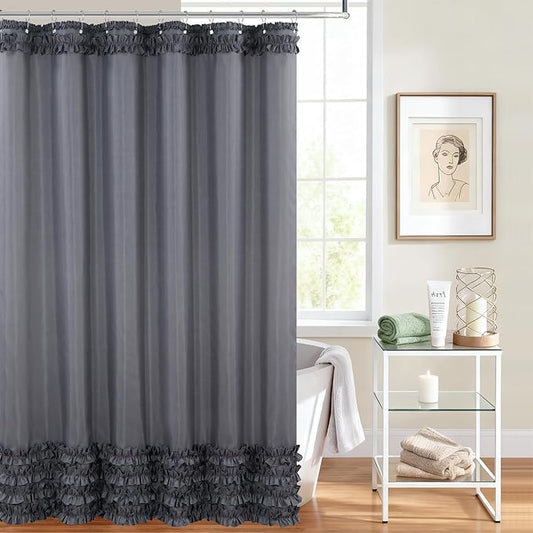 Grey Ruffle Shower Curtain, Girls Women Fabric Shower Curtain with Delicate Handcrafted Ruffles, Waterproof Ruched Farmhouse Decorative Bathroom Curtain, 72" W x 72" H