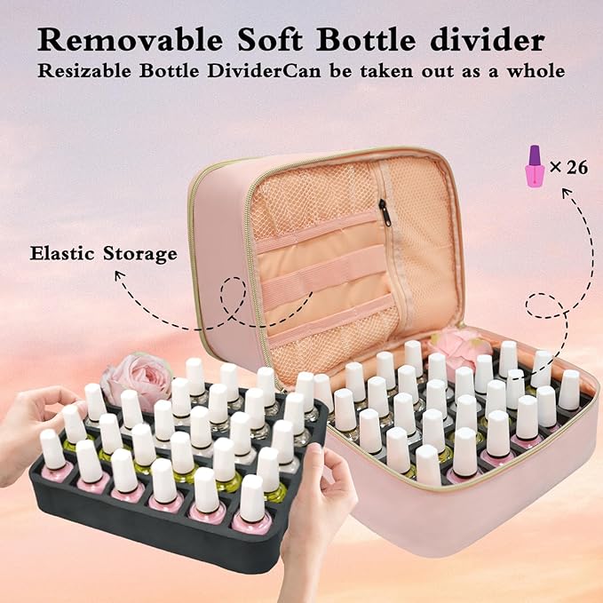 Nail Polish Organizer Case, Double-Layer Nail Supplies Organizer Holds 30 Bottles & Nail Lamp, Professional Nail Kit Storage Makeup Carrying Case (Pink)